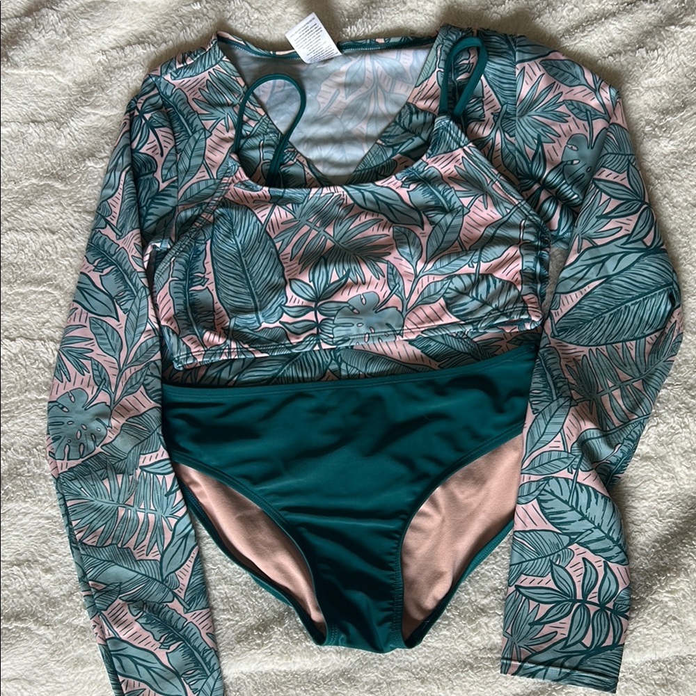 Art Class Pink and Green Three Piece Swim Suit with Tropical Print
